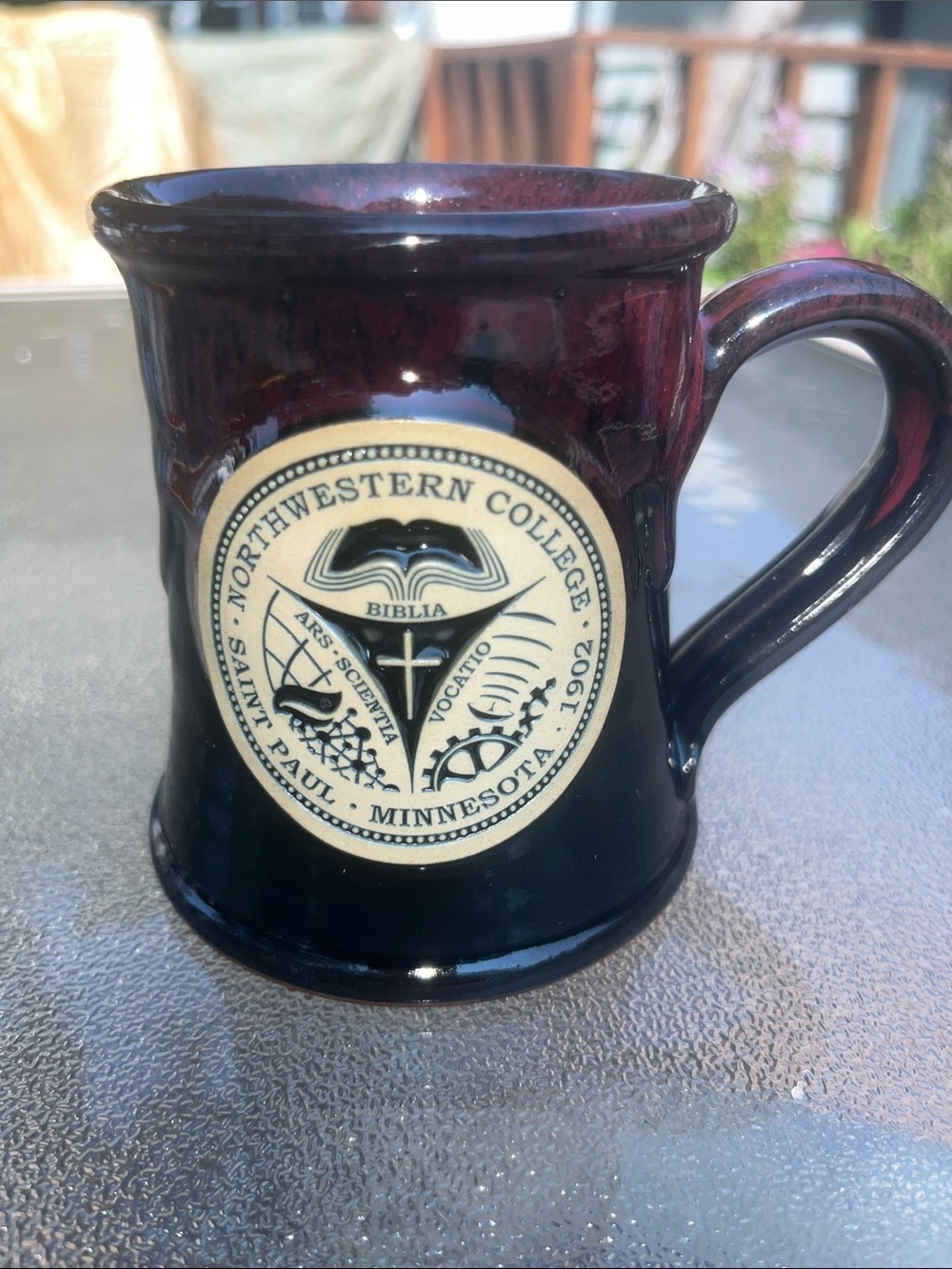 Deneen Pottery Northwestern College Seal Coffee Mug - Deep Burgundy and Black